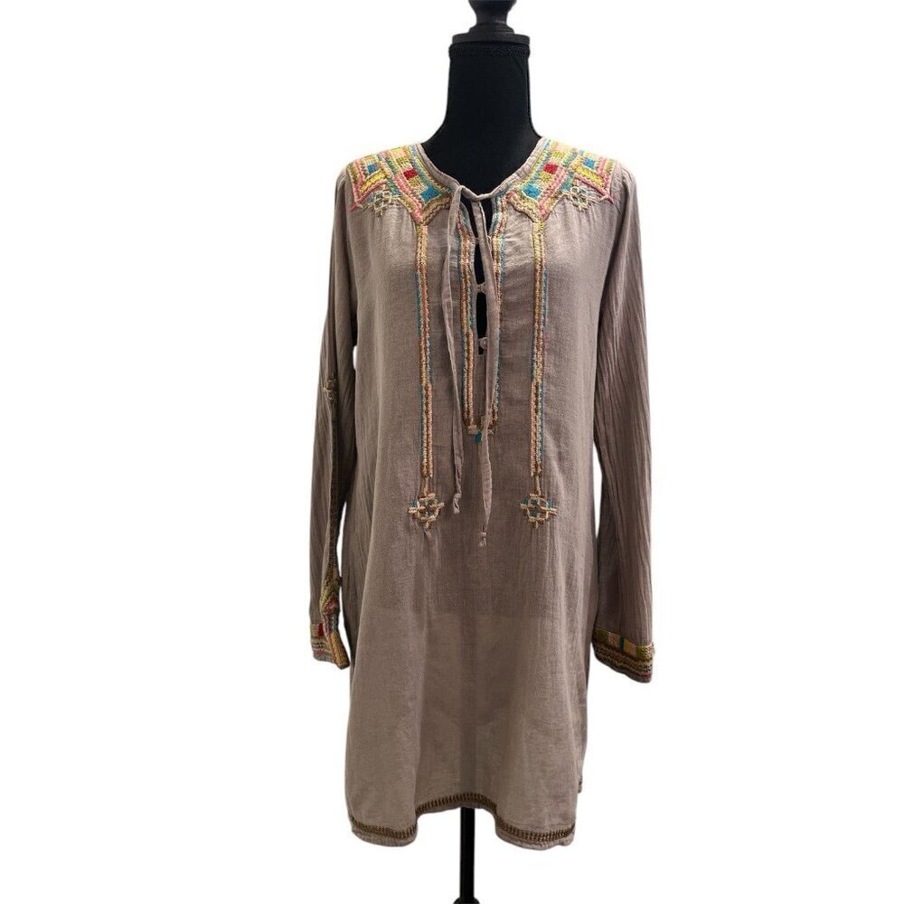 Johnny Was Biya Taupe Tunic Top Boho Embroidered Size Small